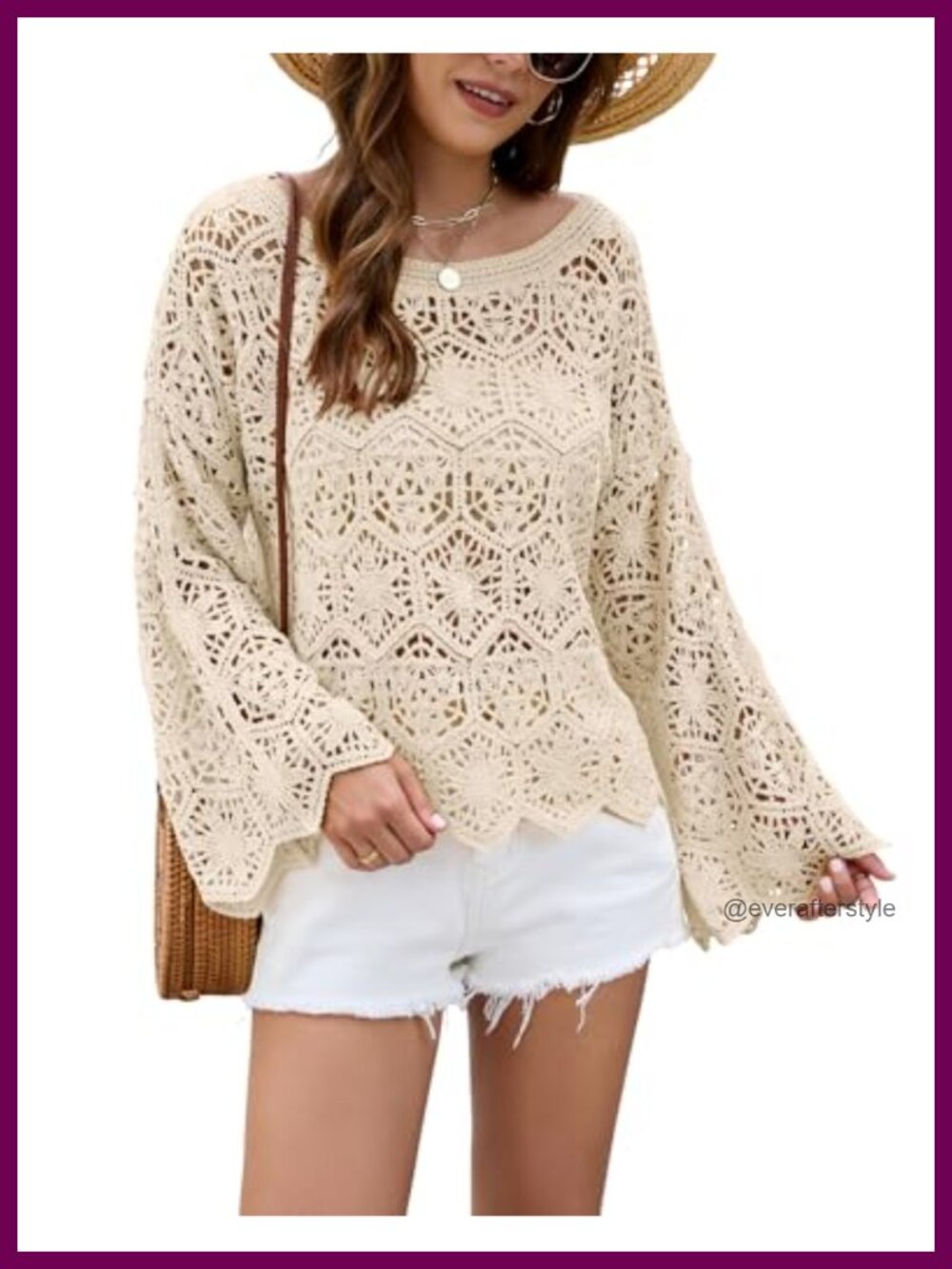 Oversized Boat Neck Crochet Knit Sweater Pullover Bell Sleeve